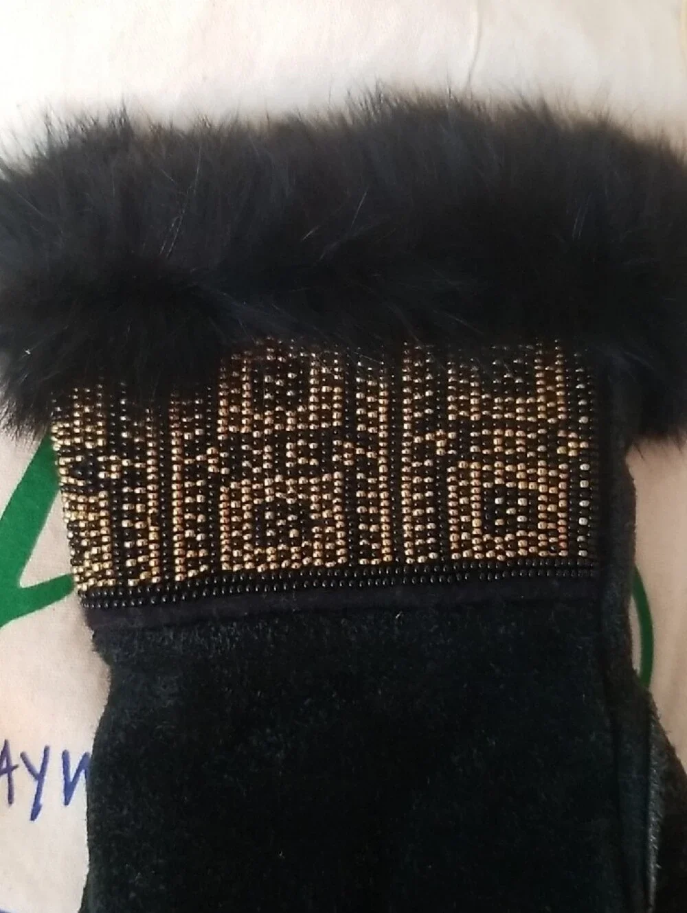 Astis Black Suede Fur-Trim Mittens with Beaded Cuff